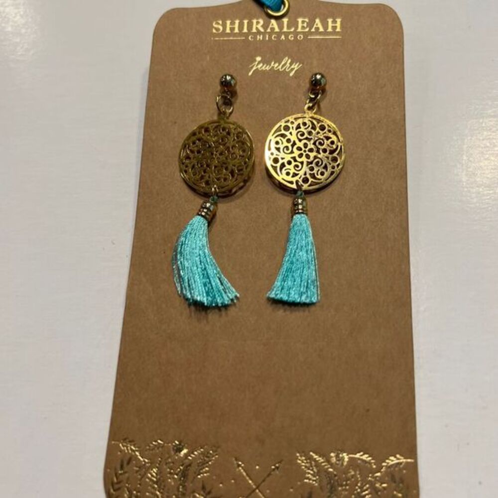 Shiraleah Chicago Gold Filigree Turquoise Tassel Statement‎ Earrings Boho Chic